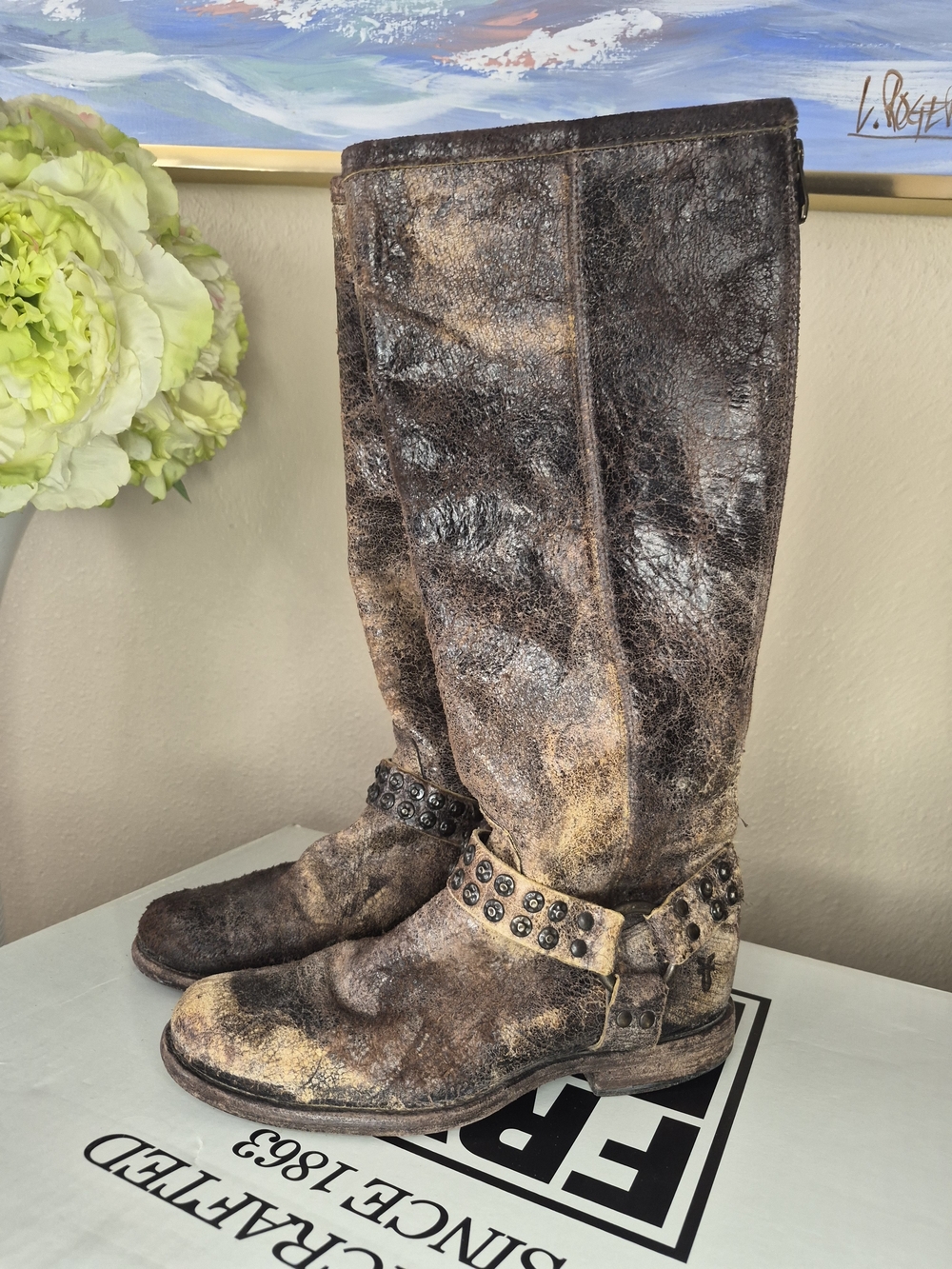 Frye Brown Distressed Leather Studded Harness Knee Boots